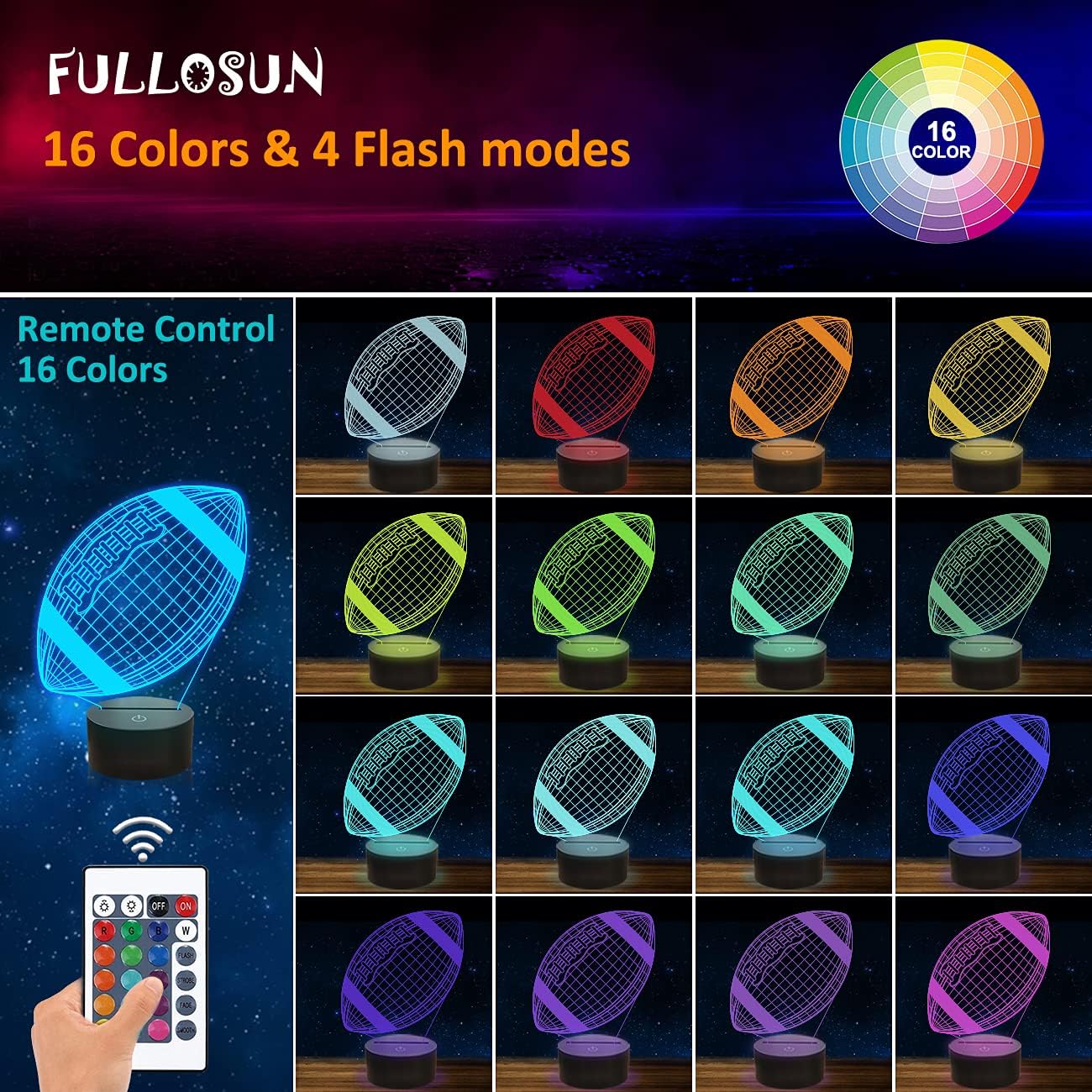 Luz nocturna fútbol 3D con control remoto 16 colores para niños