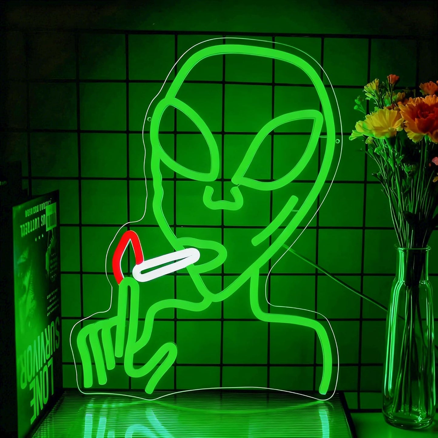 Letrero neón alienígena luz LED verde regulable decoración