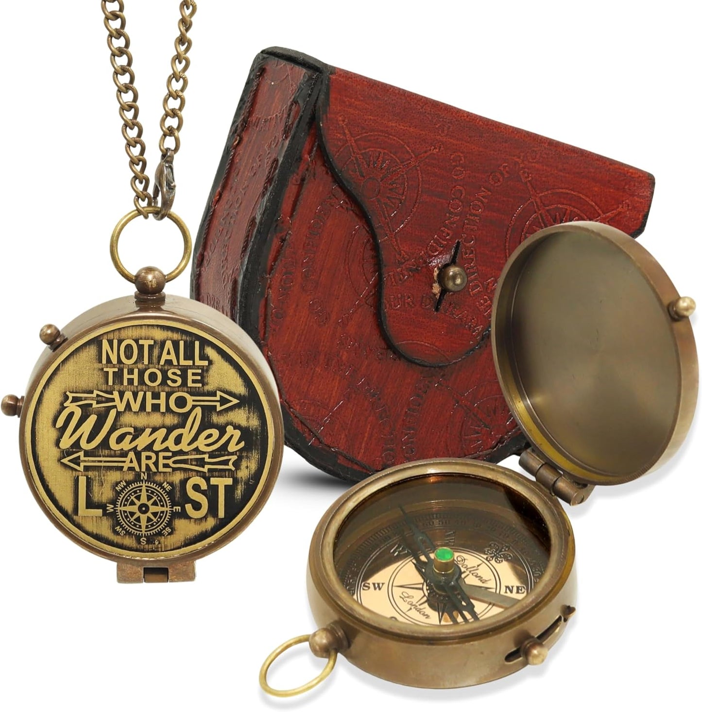 Brújula bronce antiguo con funda de cuero para viaje y caminata