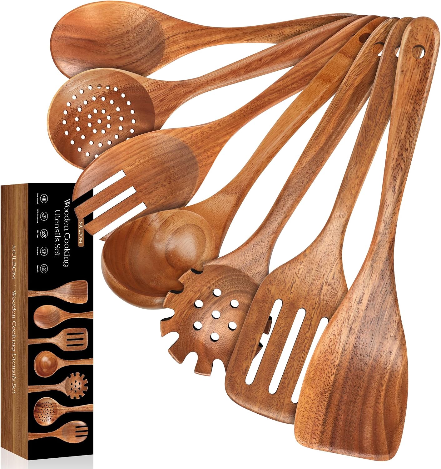 7 Pzas Cucharas Madera Teca Antiadherente Mango Cómodo