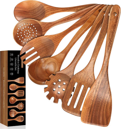 7 Pzas Cucharas Madera Teca Antiadherente Mango Cómodo
