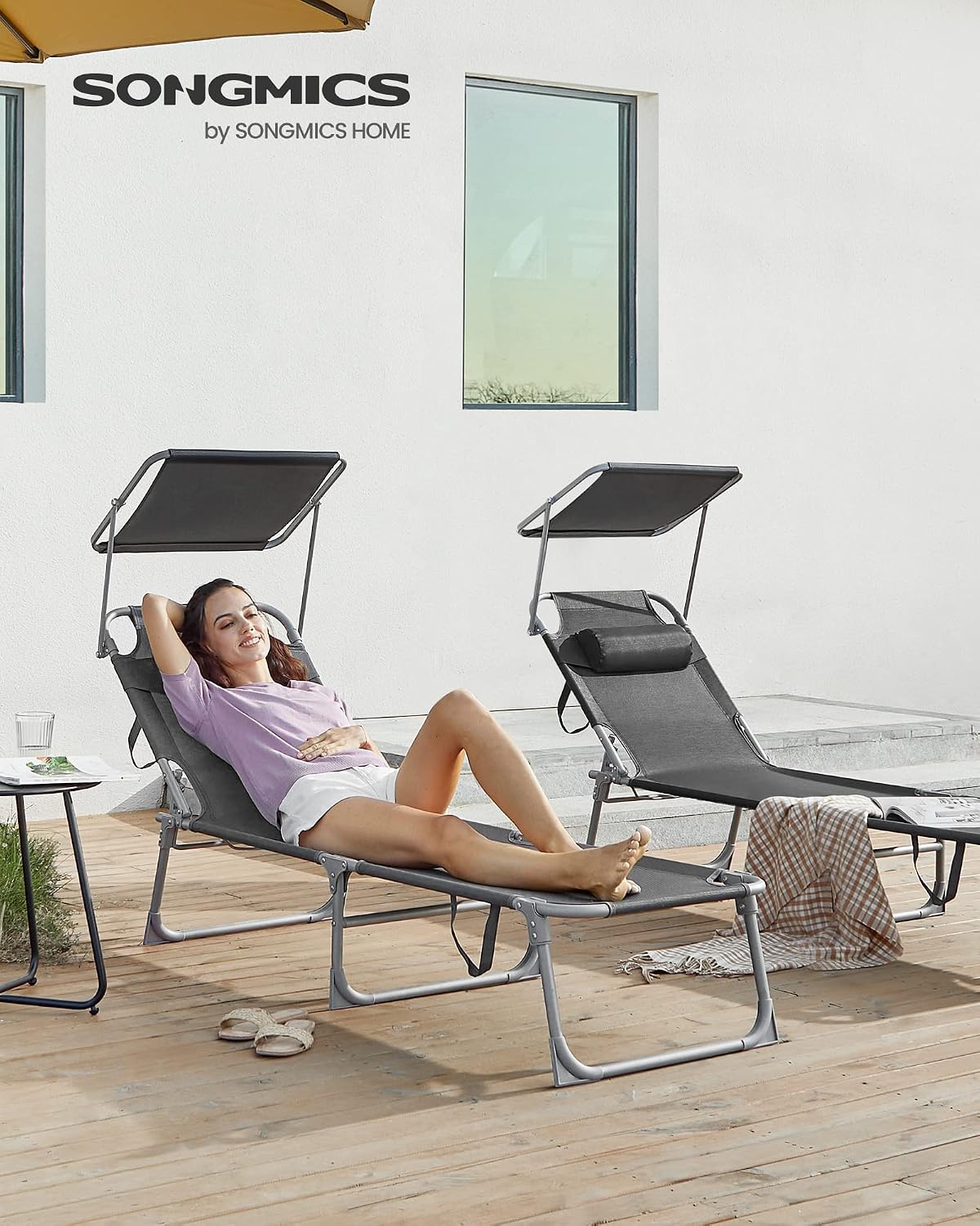 Tumbona plegable con toldo 76x20.9pulg gris oscuro