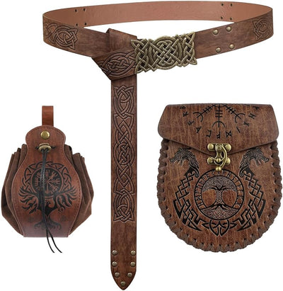 3 Pzas Bolsas Cinturón Hebilla Vikinga Piel Sintética Marrón