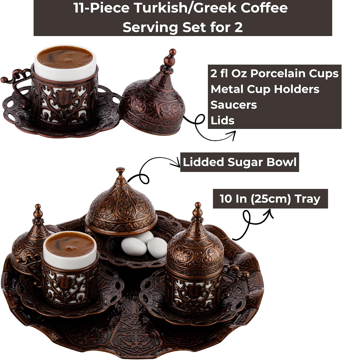 Set café turco griego 11 pzas mediano con tazas y bandeja