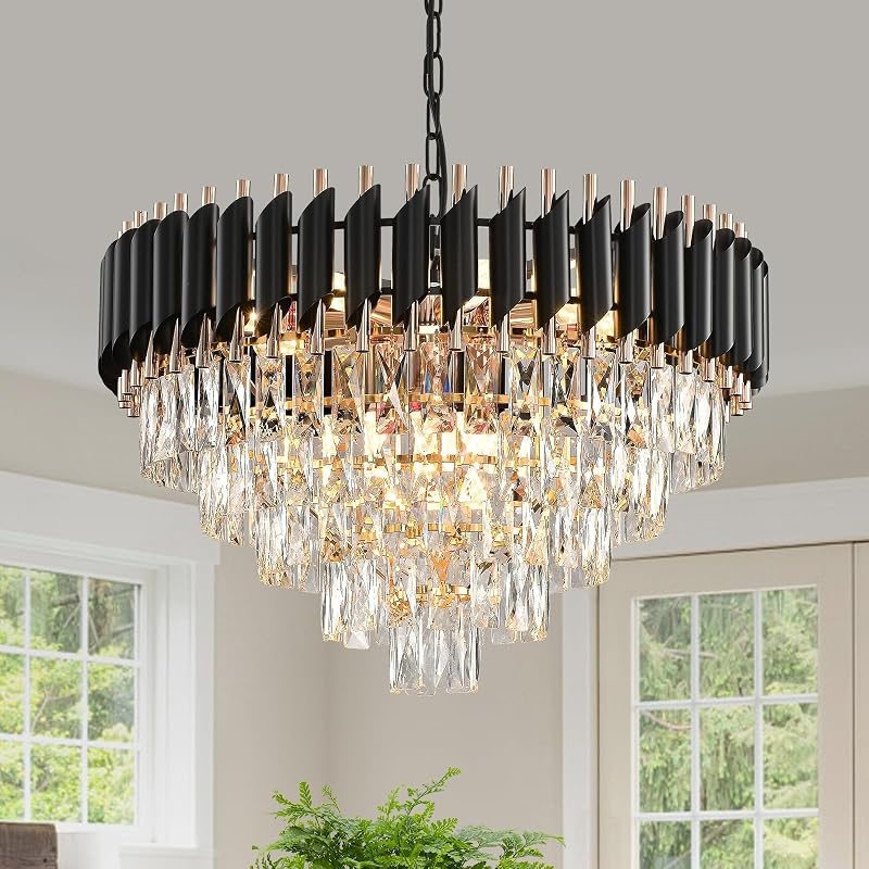 Candelabro cristal K9 negro dorado 23.6pulg 5 niveles E12