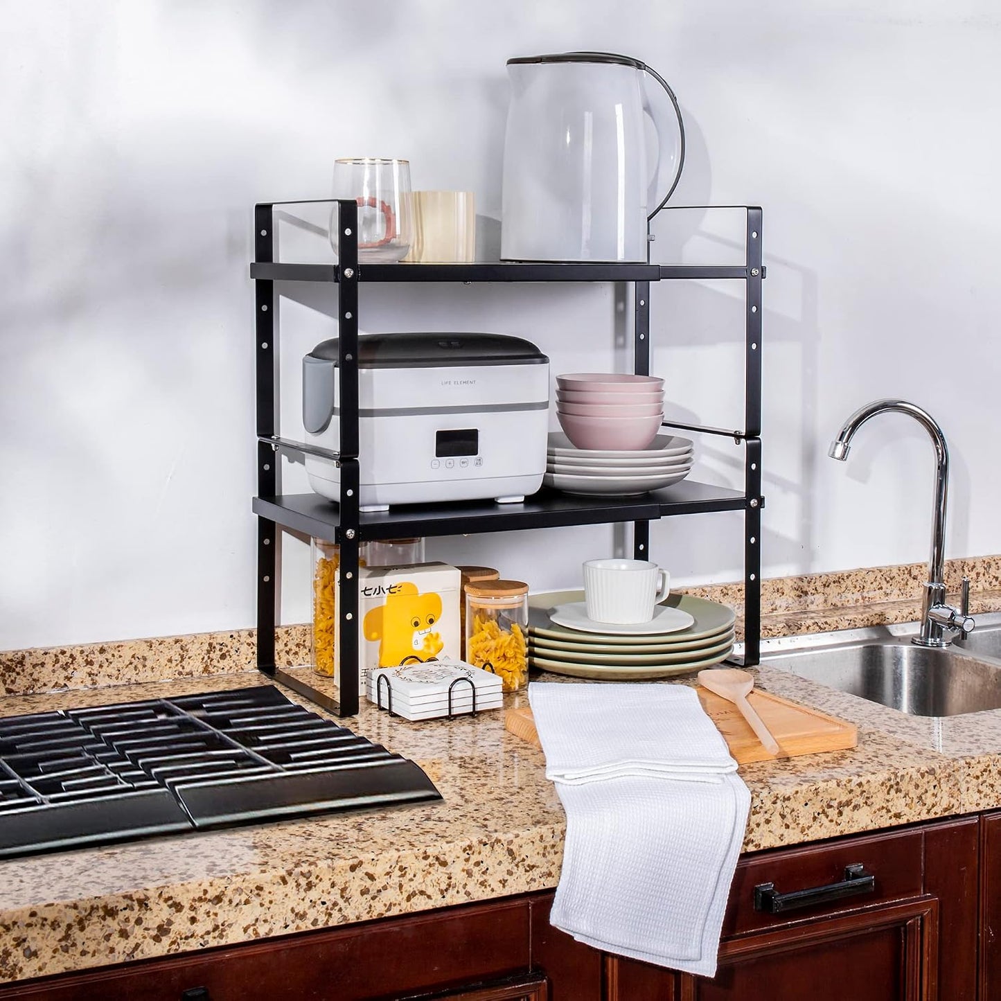 Organiz. estante cocina ajustable apilable negro