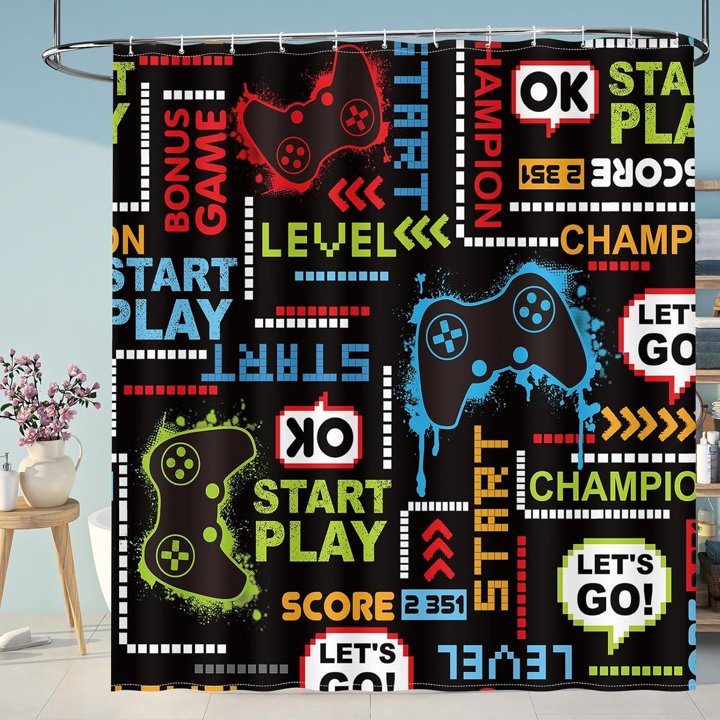 Juego cortinas ducha 72x72pulg con 12 ganchos