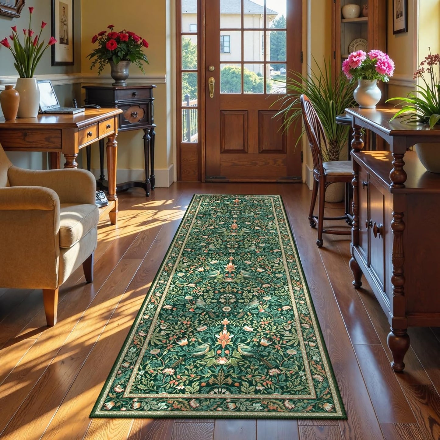 Tapete bohemio antiderrap 2x6ft baño pasillo verde oscuro