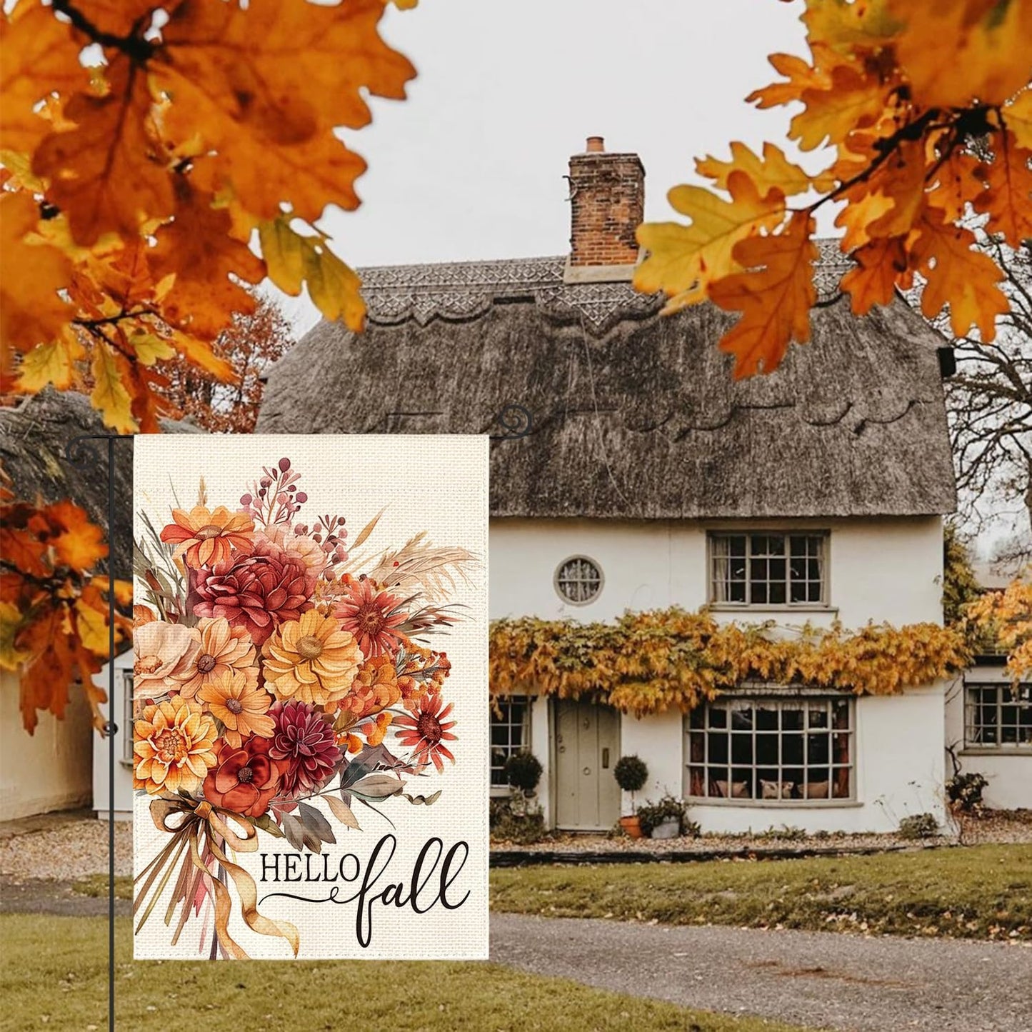 Bandera jardín floral 12x18pulg doble cara hello fall