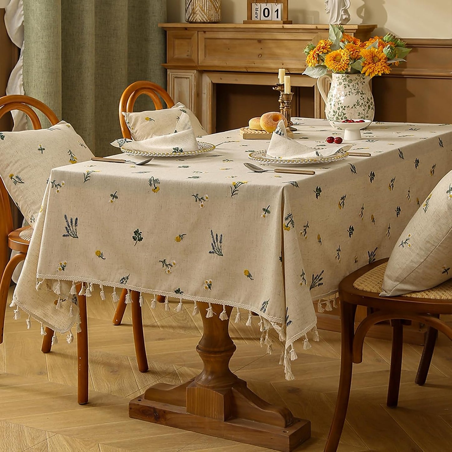 Mantel lino bordado vintage margaritas 54x102