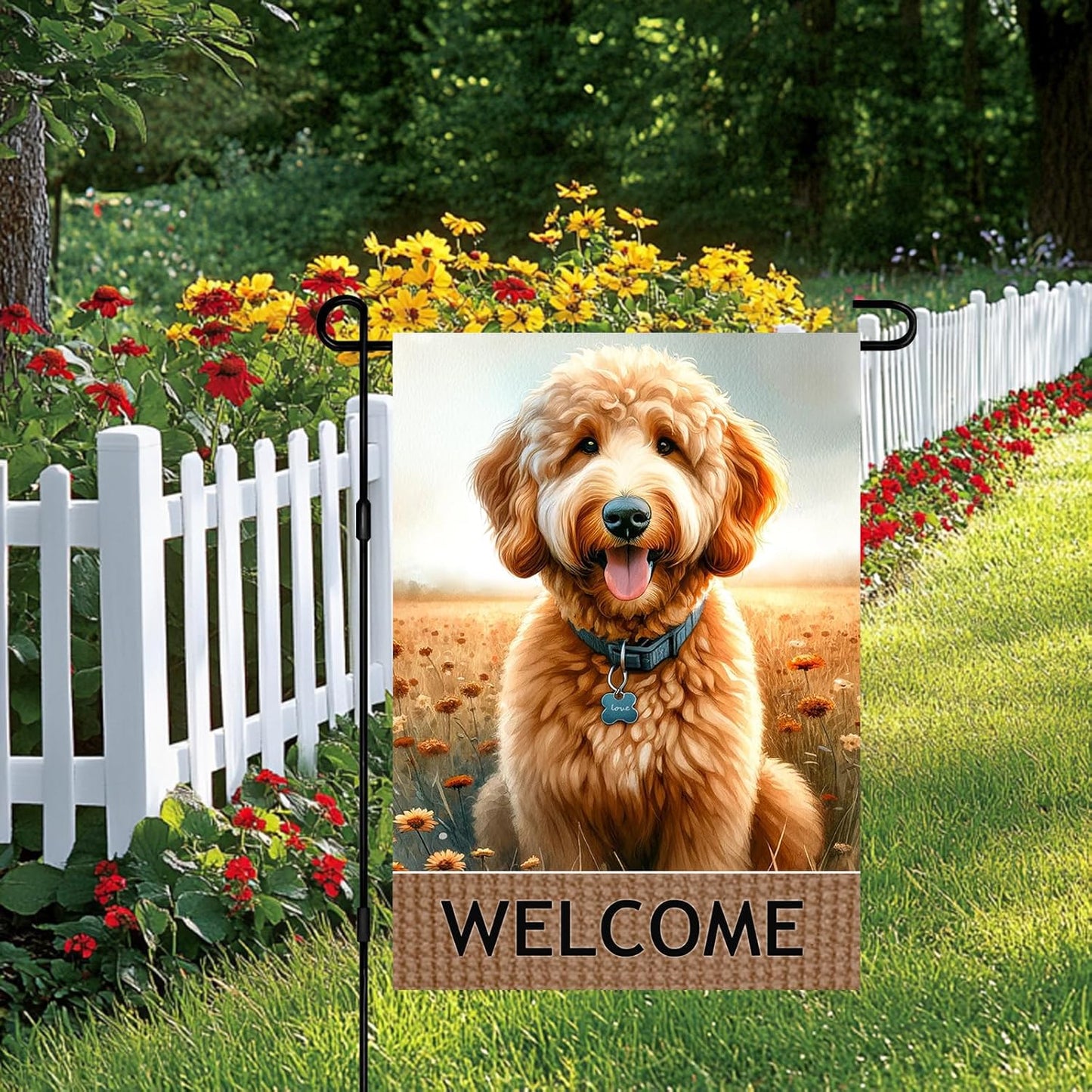Bandera bienvenida perro doble cara 12x18pulg exterior