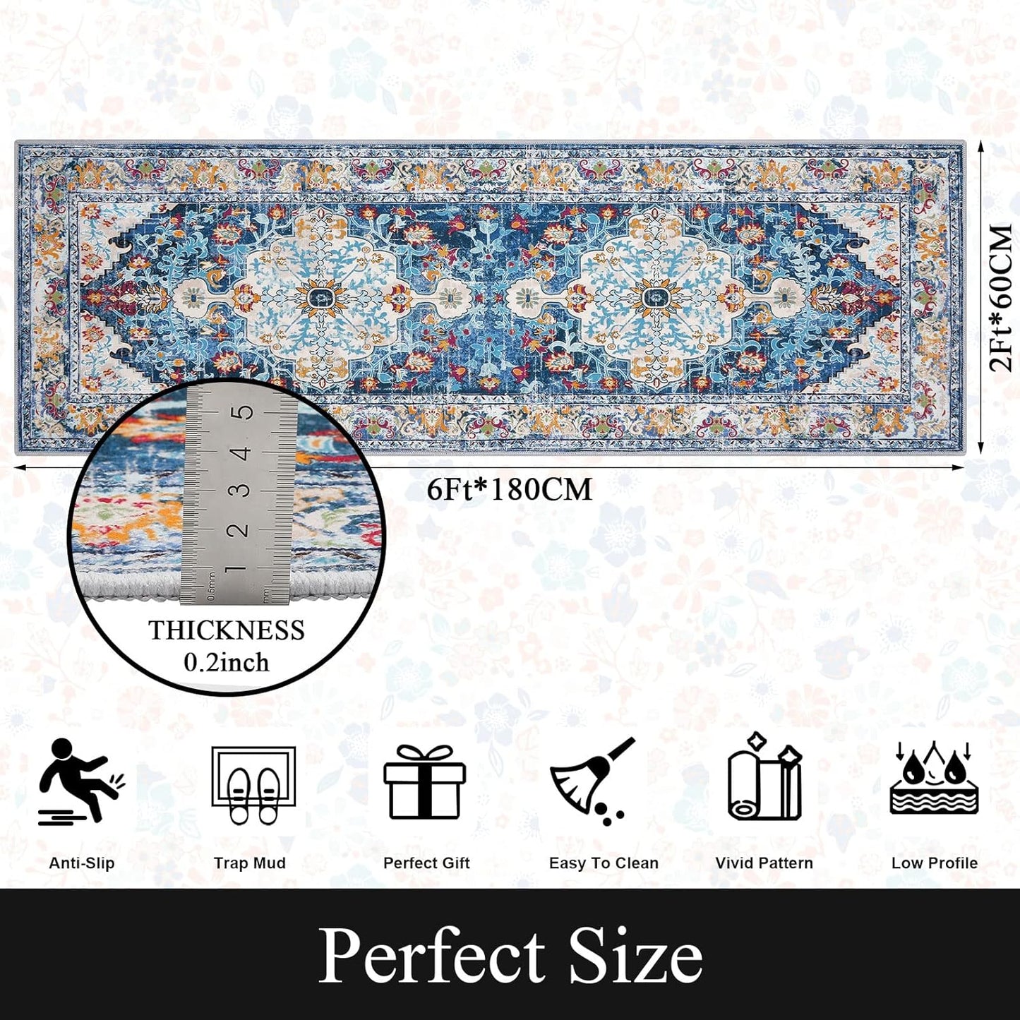 Alfombra bohemia pasillo 2x6ft antiderrap lavable azul