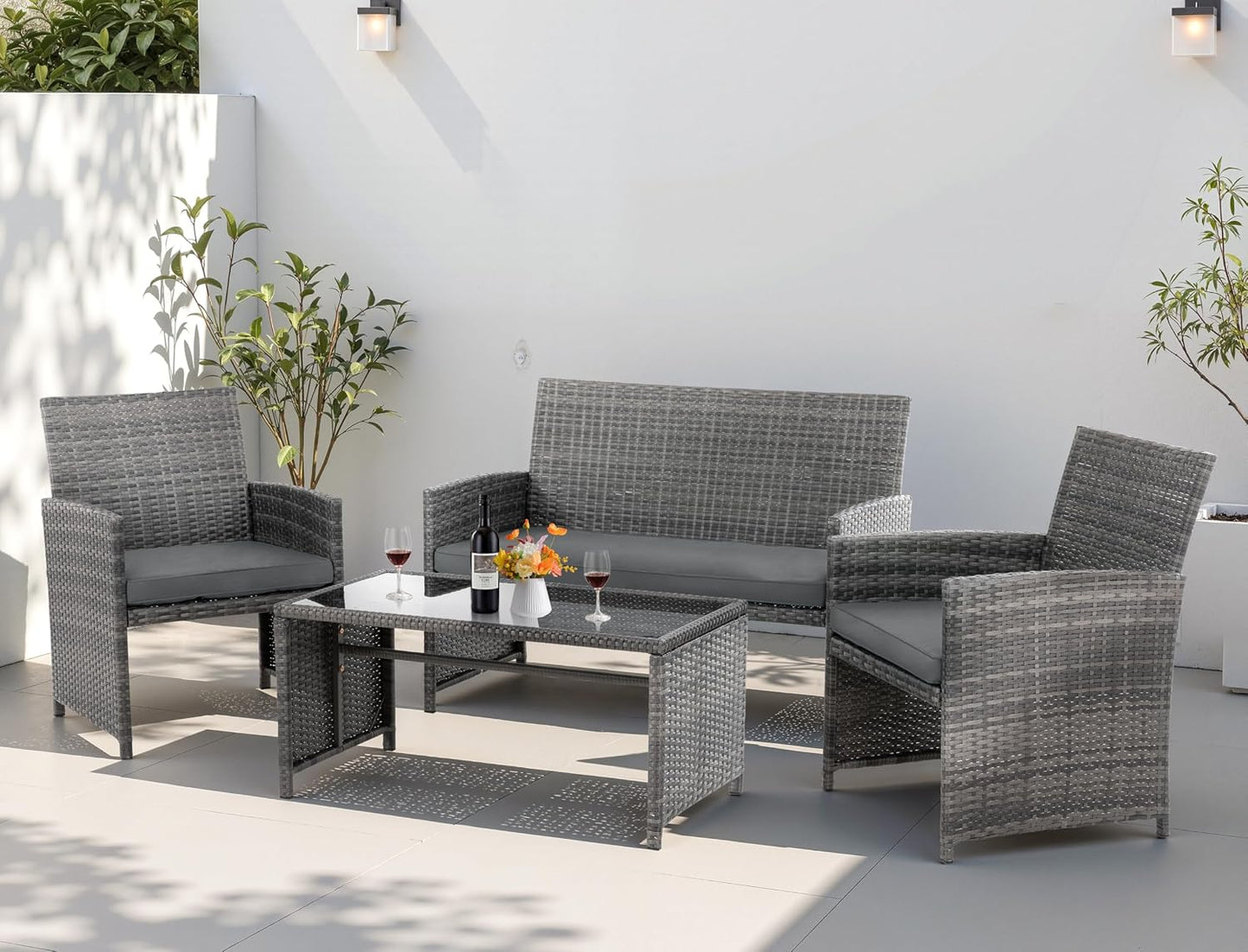 Set 4 Pzas Muebles Patio Mimbre Mesa Vidrio Templado Gris