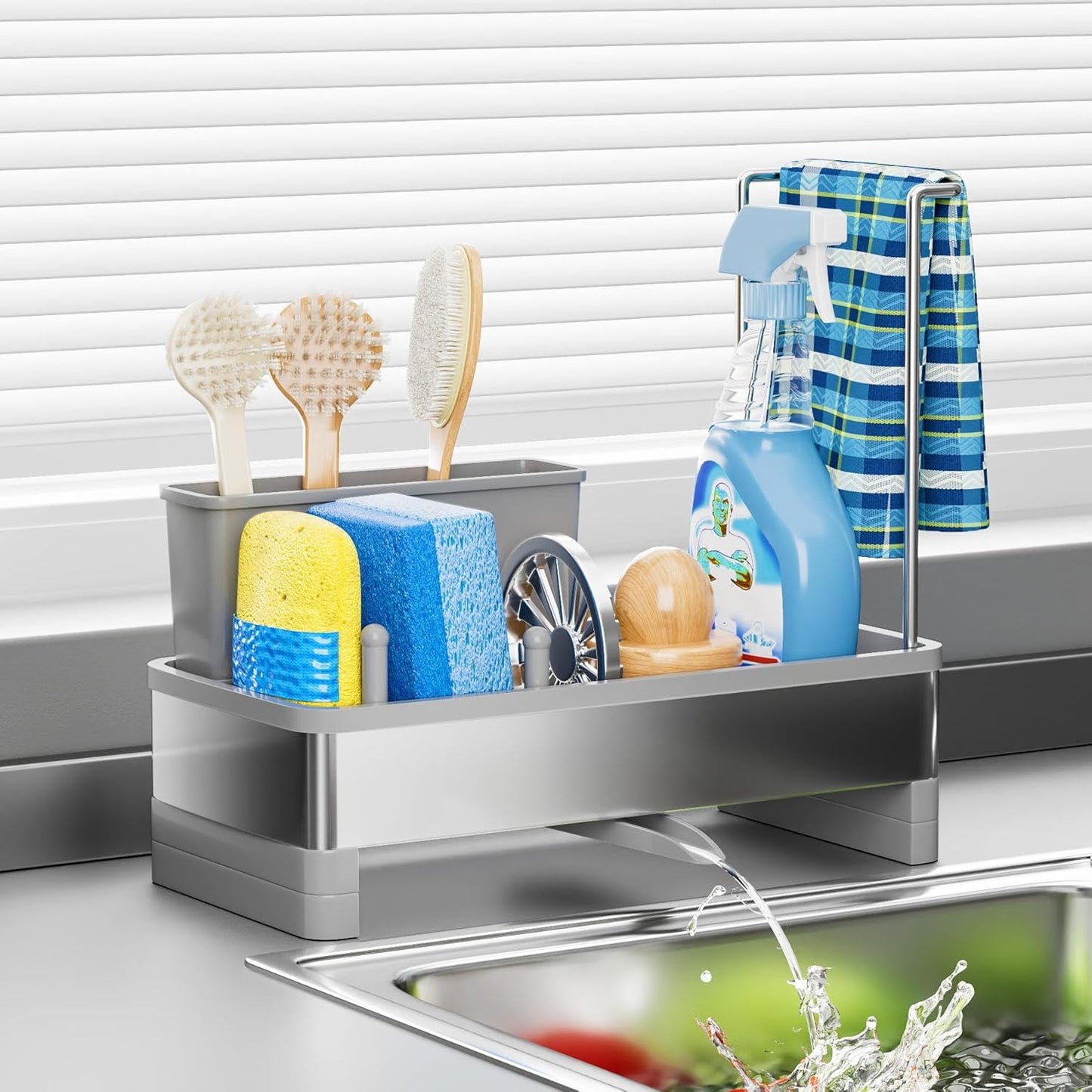 Organiz. fregadero acero inox con soporte esponja y cepillos