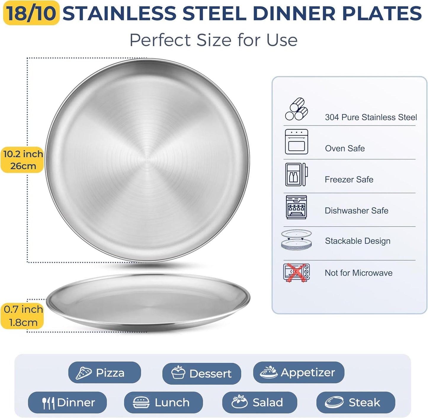 Set 4 Pzas Platos Acero Inox 10.2pulg para Niños y Adultos