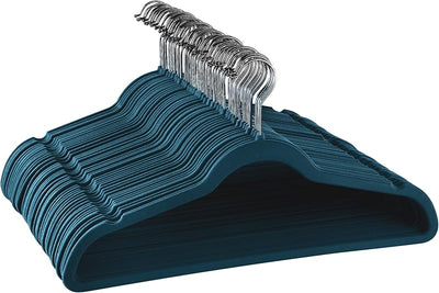 50 Perchas Terciopelo Flocado con Ganchos Acero Inox Azul