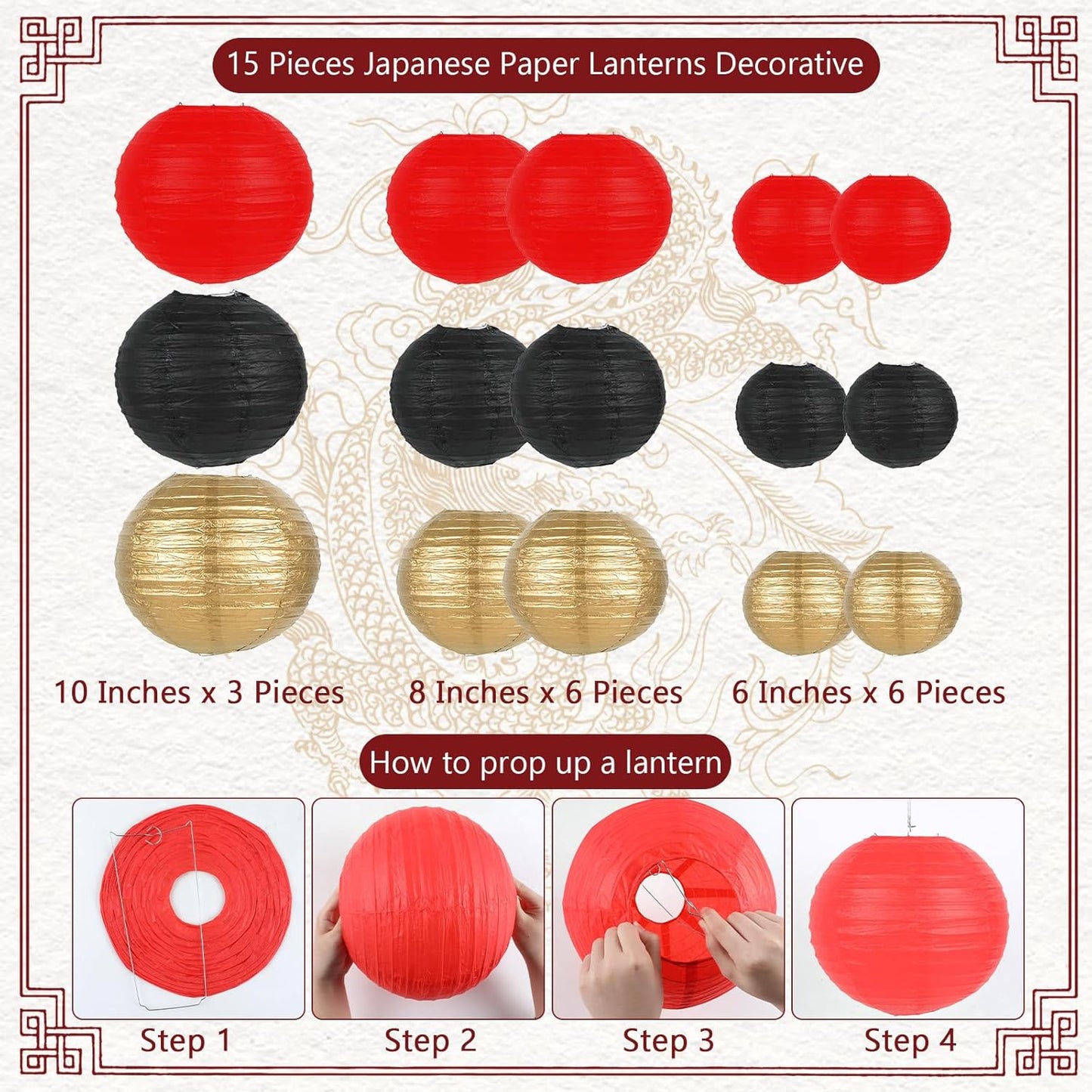28 Pzas Decoraciones Fiesta Hibachi 15 Linternas 12 Abanicos 32.8pulg Pancarta Dragón