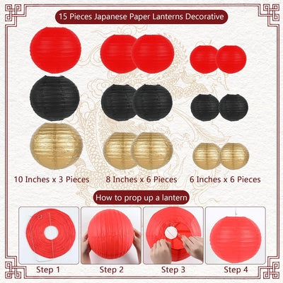 28 Pzas Decoraciones Fiesta Hibachi 15 Linternas 12 Abanicos 32.8pulg Pancarta Dragón