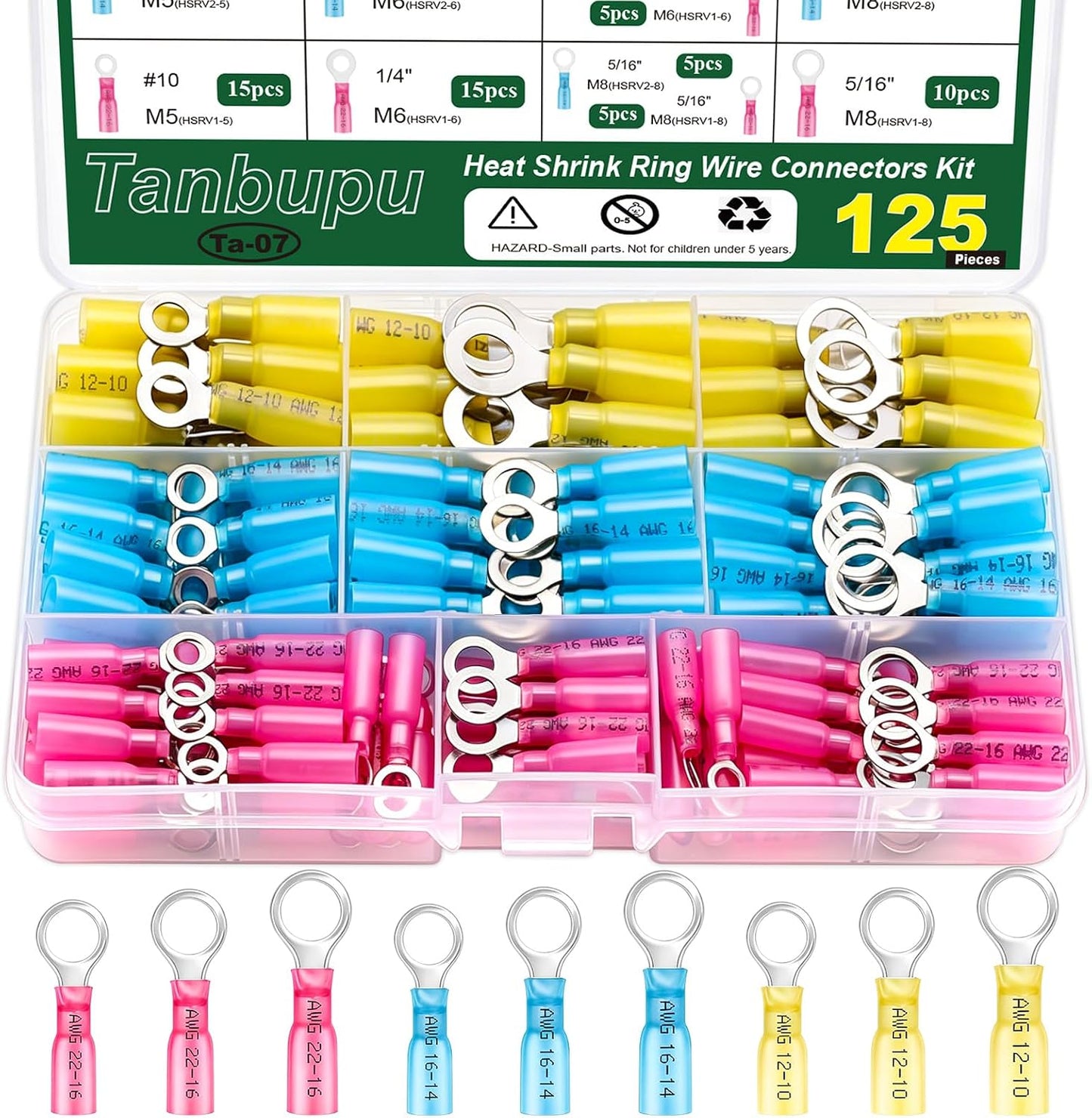 125 Pzas Conectores Anillo Termorretráctil 1/4 5/16 3/8