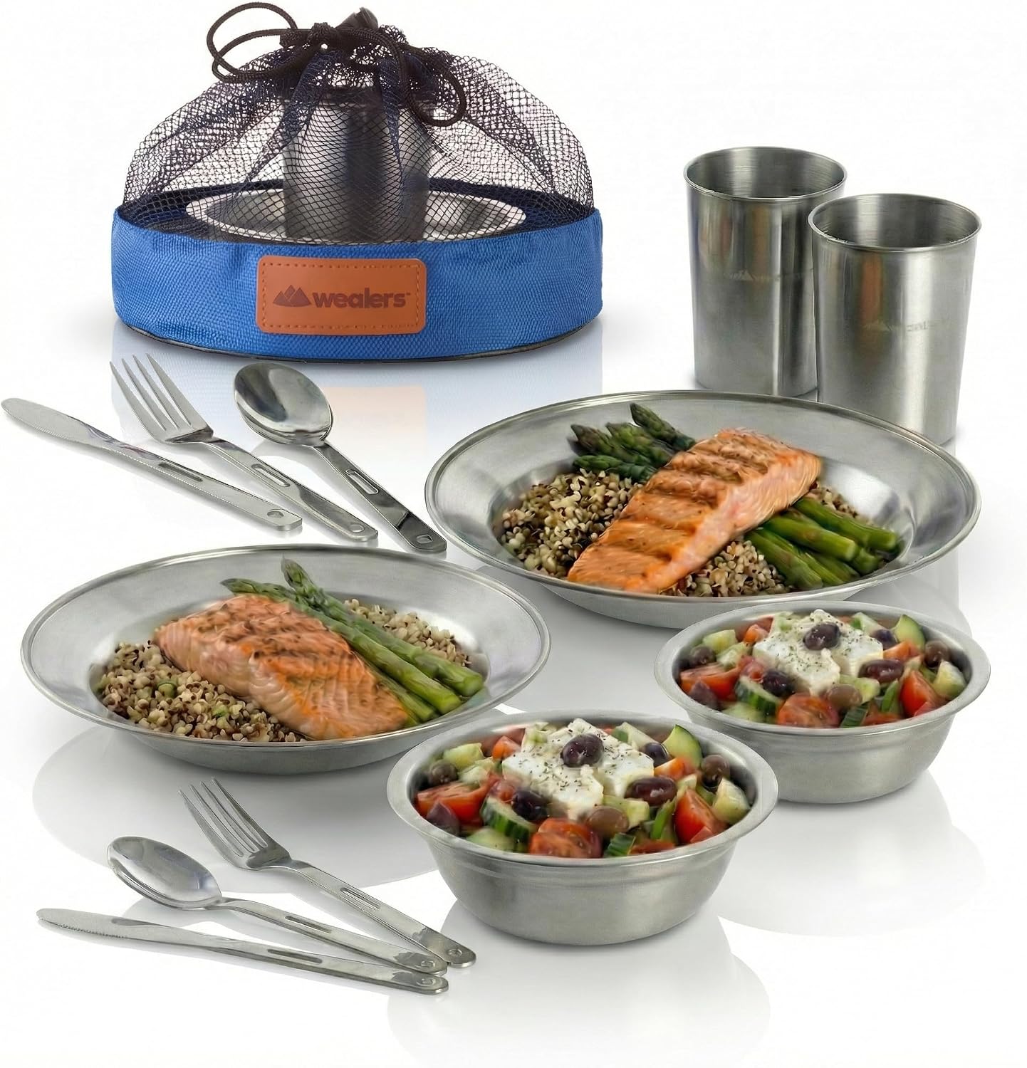 Kit vajilla acero inox camping con tazas platos cubiertos