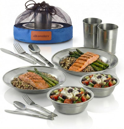 Kit vajilla acero inox camping con tazas platos cubiertos