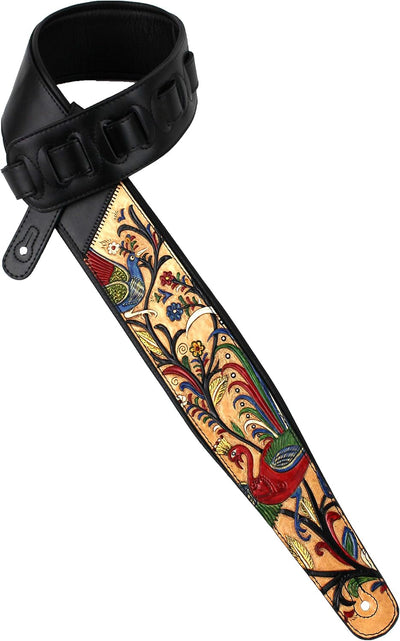 Correa guitarra cuero tallado bronceado pavo real