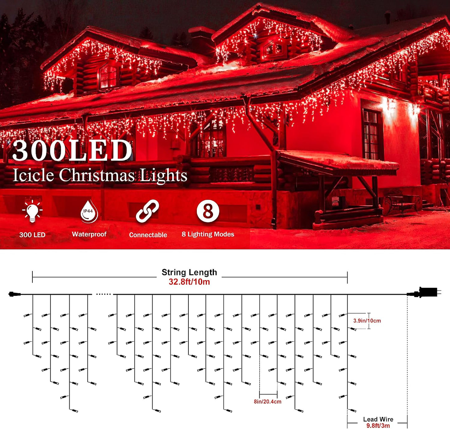 Luces navidad exteriores 300 LED 33pies 8modos colgantes