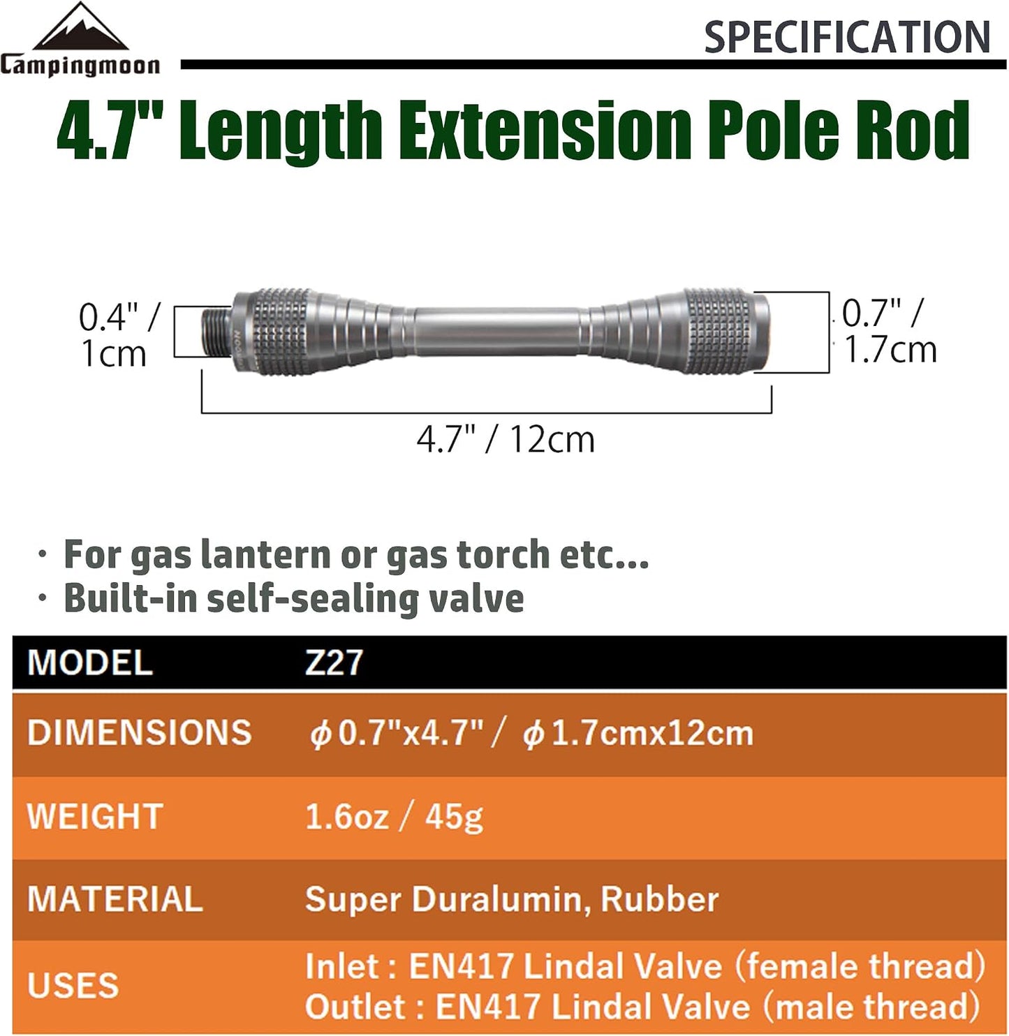 Barra extensión linterna camping 4.7/9" Z27/Z26