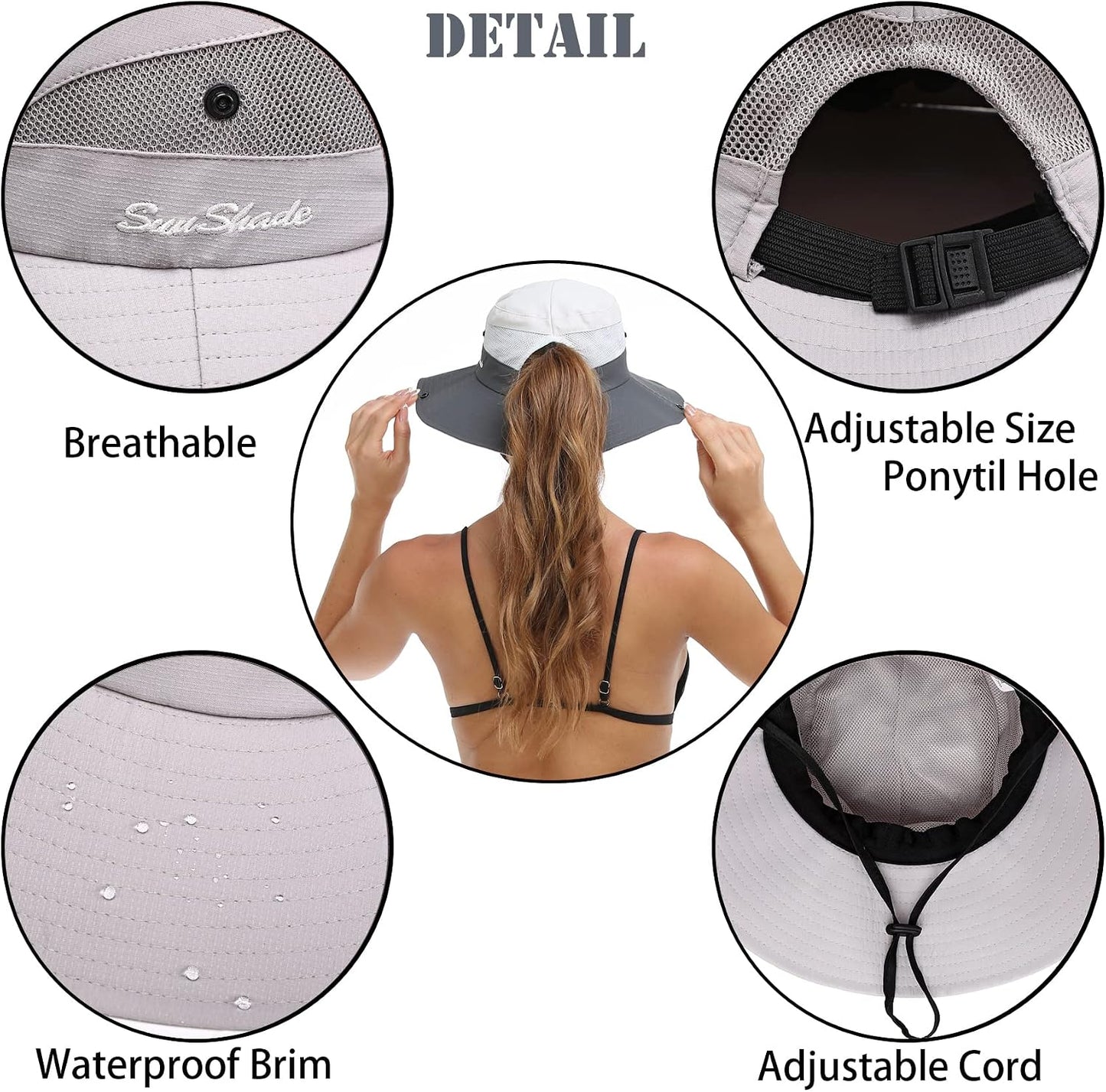 Sombrero playa mujer ala ancha UV plegable malla cola