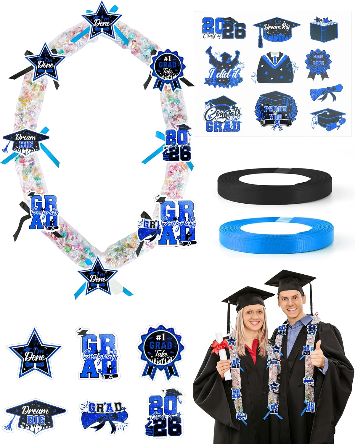 Kit leis graduación 2026 tubos transparentes cintas
