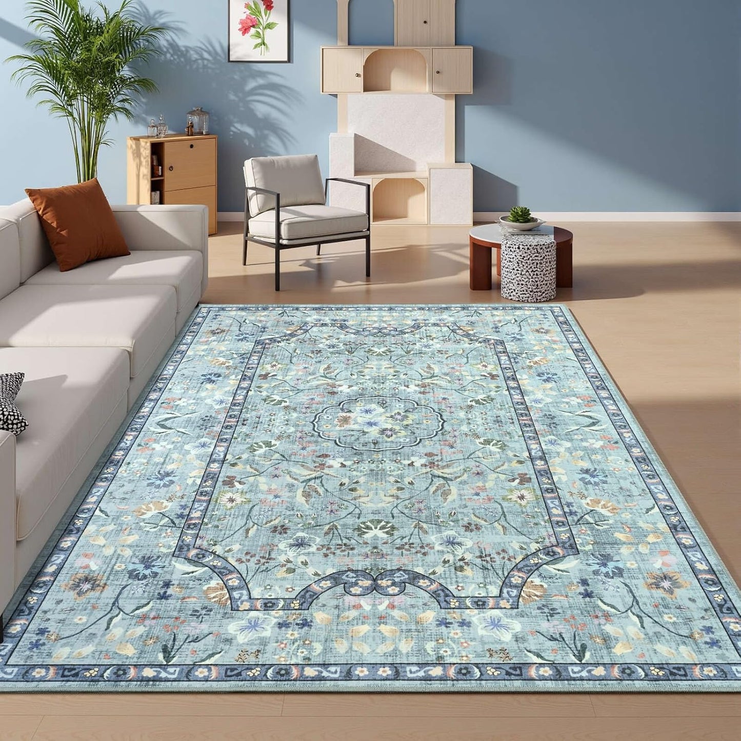 Alfombra 3x5m antiderrap estilo granja azul vintage