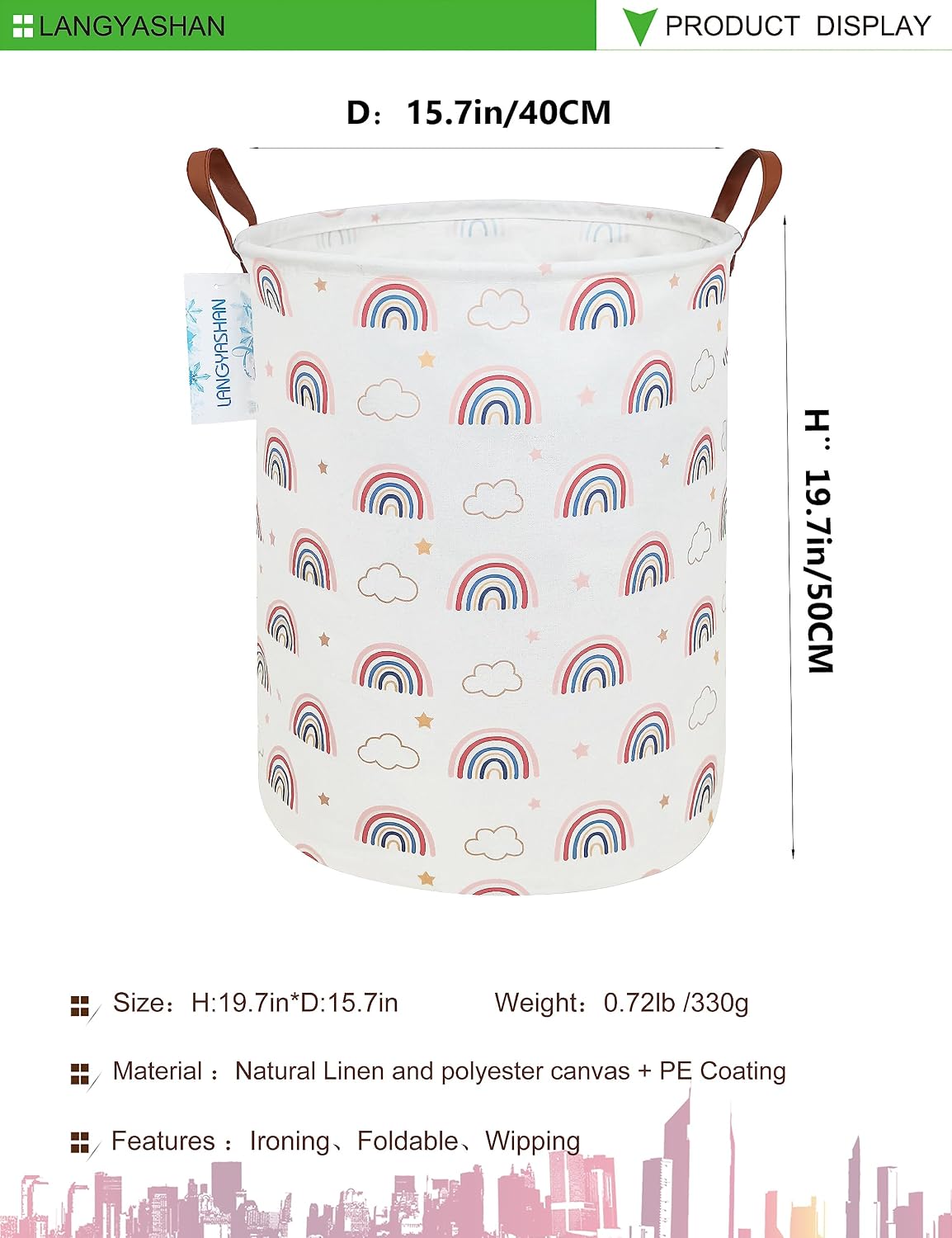 Cesta lona plegable para lavandería y juguetes arco iris