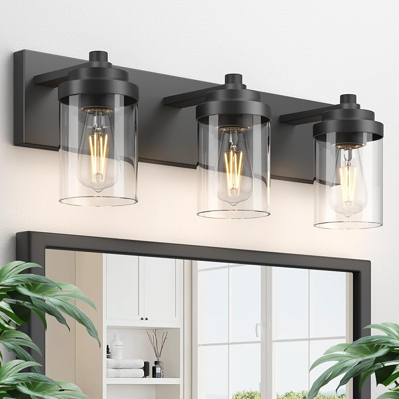 Lámpara baño 3 luces negro vidrio transparente 22"