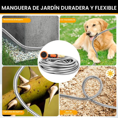 Manguera jardín acero inox 100ft boquilla 10 func y accesorio cobre