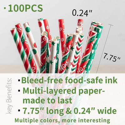 Pajitas papel biodegradable 100pzas 7.75pulg rayas rojo verde navidad