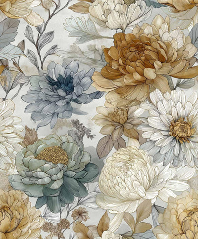 Papel tapiz vintage peonía crema gris azul 17.7x118pulg vinilo