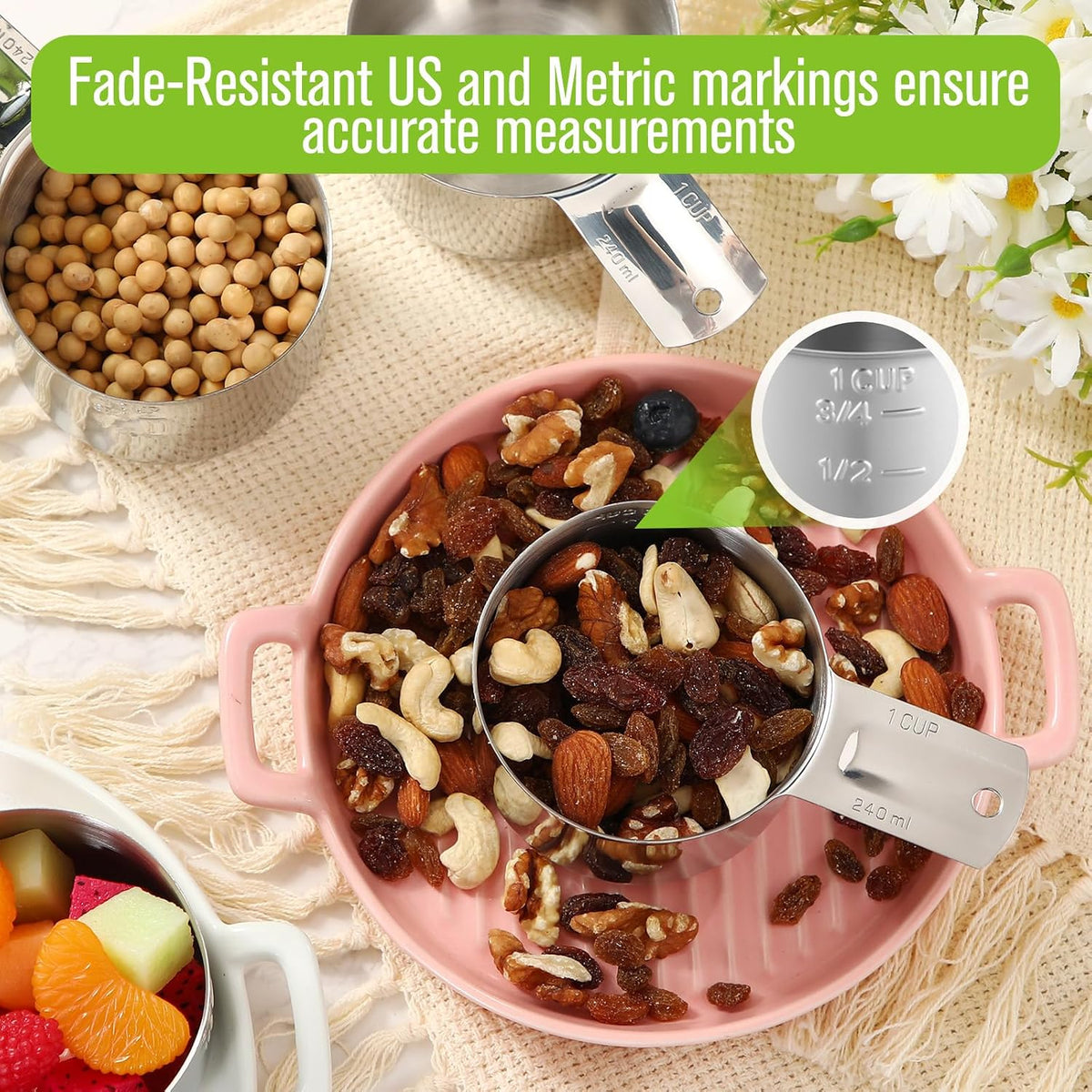 12 Tazas Medidoras 1 Taza con Asa Cuchara 8oz Acero Inox