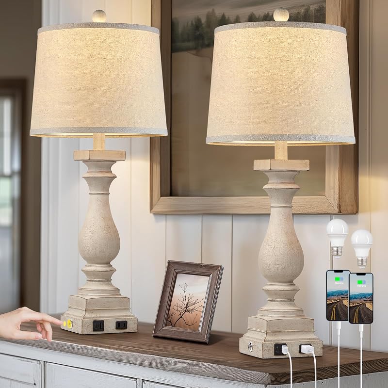 2 Lámparas Mesa Estilo Granja 28pulg USB AC Control Táctil