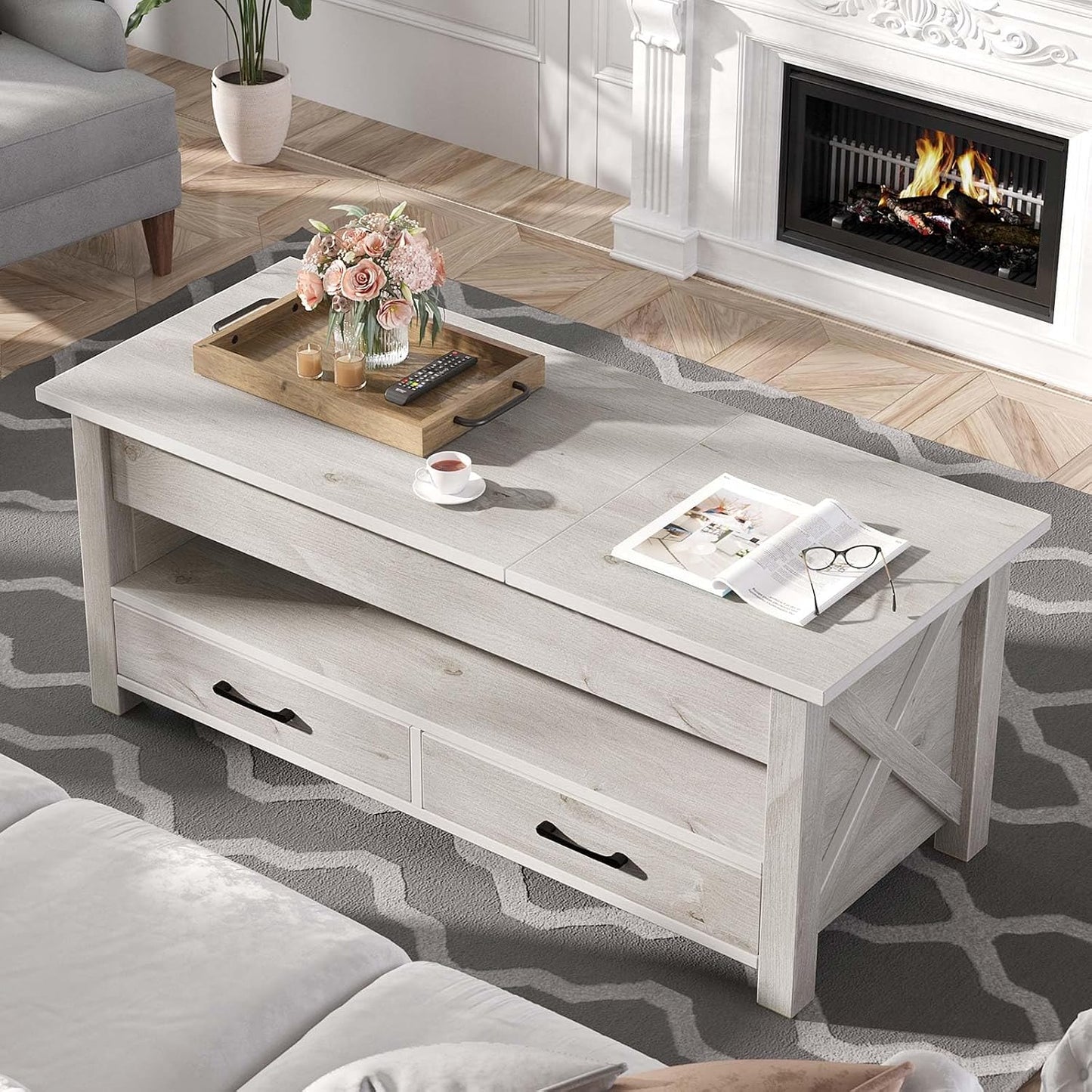 Mesa auxiliar retro con cajones y compartimento gris