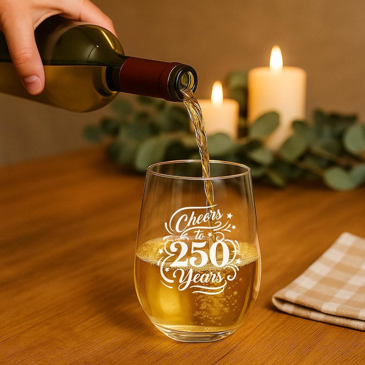 Copa vino grabada láser 17oz 250 años EE.UU.