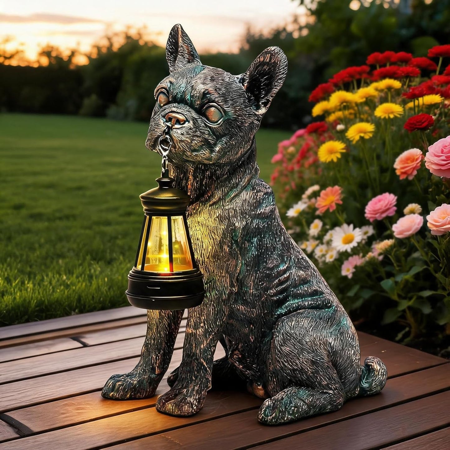Estatua solar para perro farol decoración patio exterior