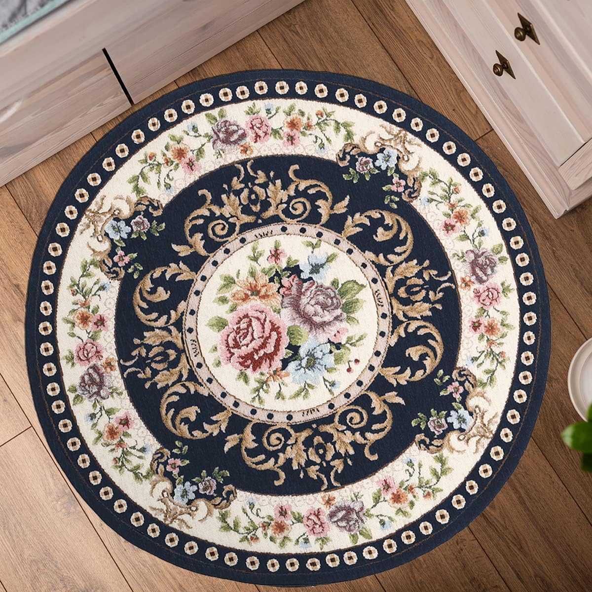Alfombra redonda floral antiderrap lavable azul oscuro