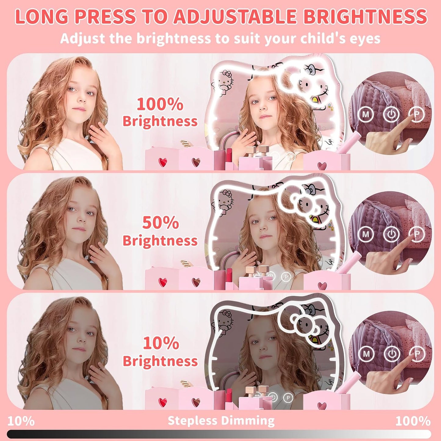 Espejo led Hello Kit con luz atenuable 3 colores para niñas