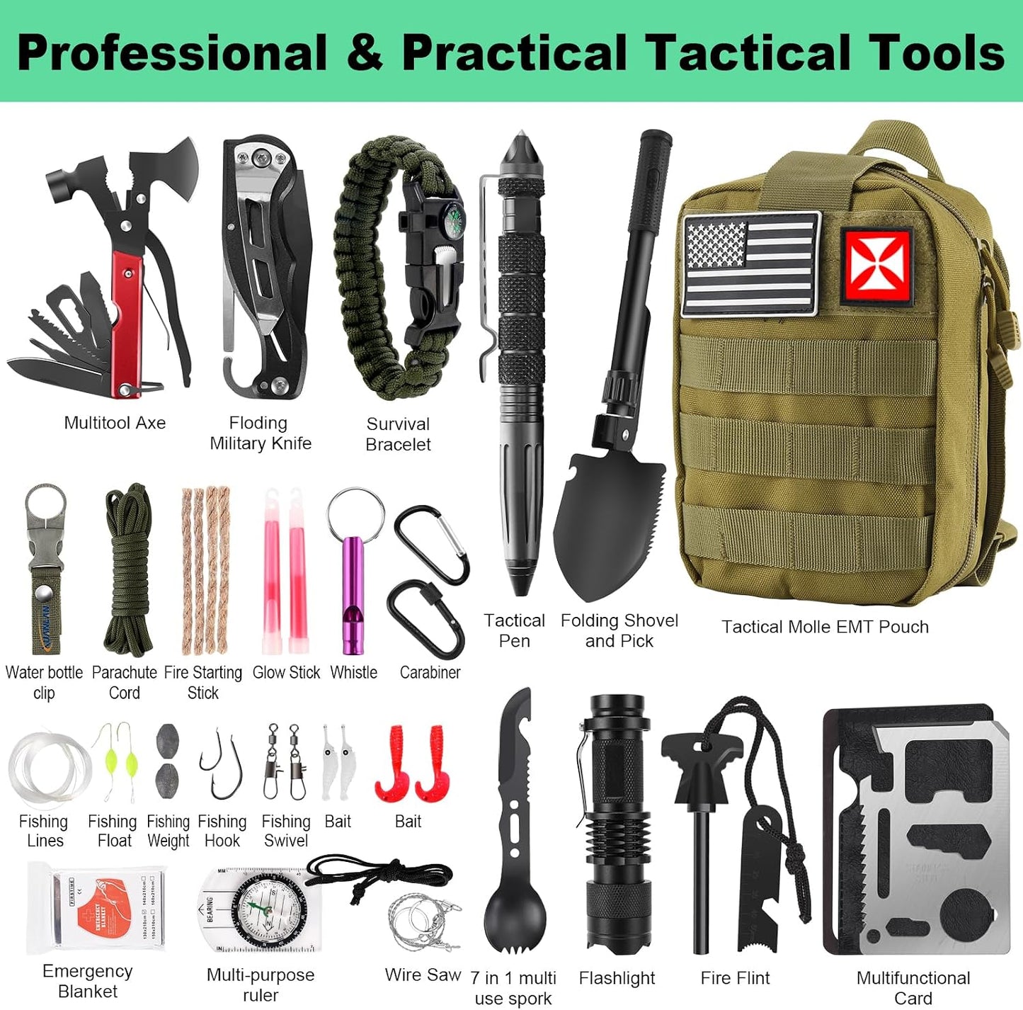 Kit supervivencia 256pulg con primeros auxilios y herramientas