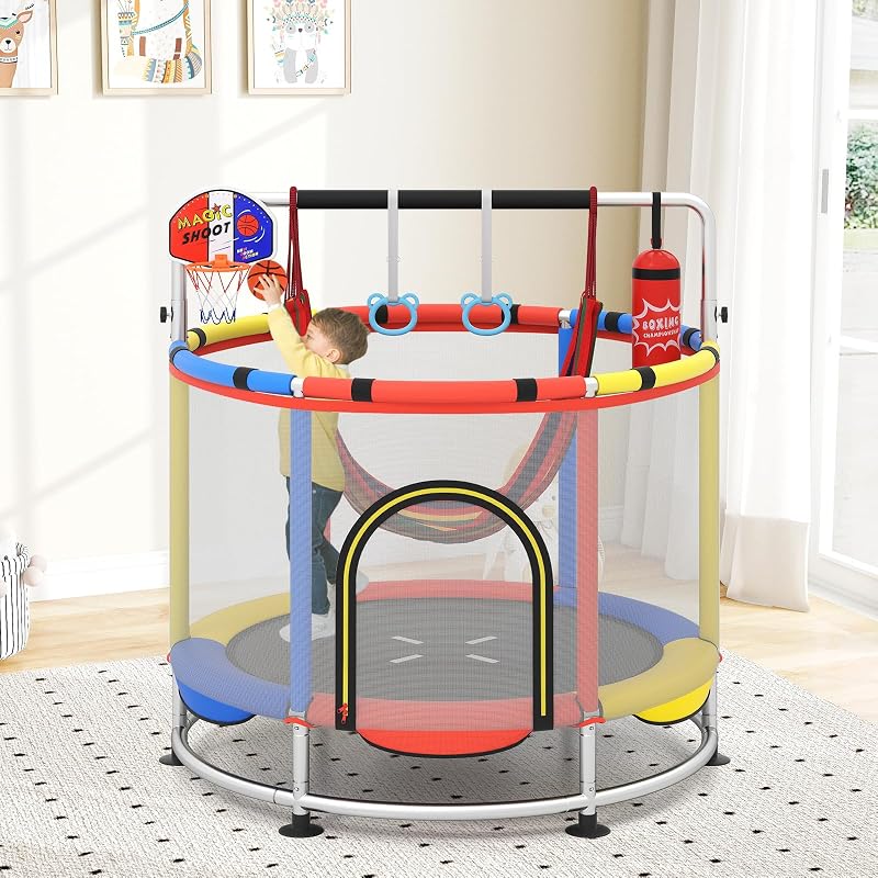 Trampolín 55" para niños con red seguridad y aro baloncesto
