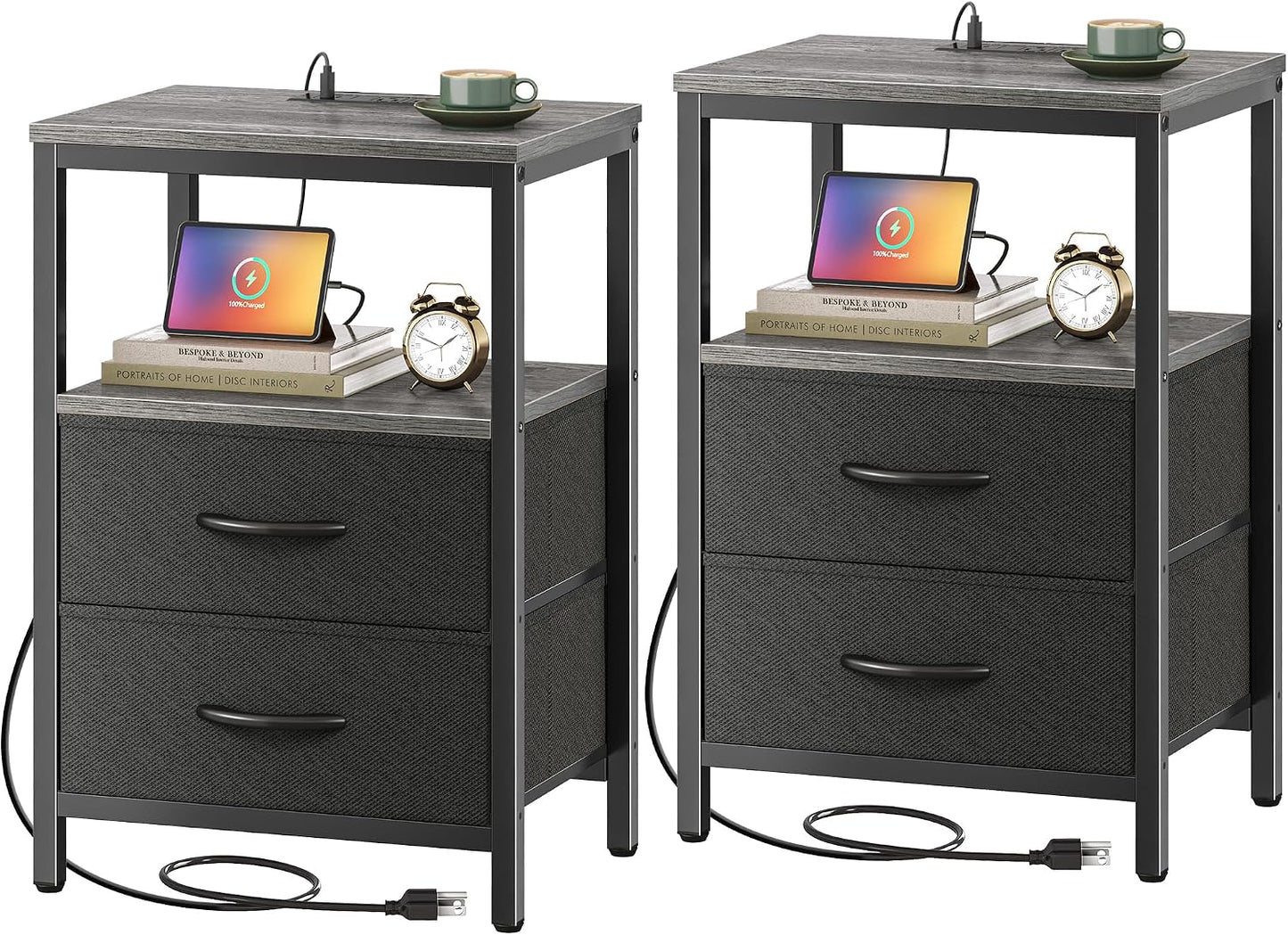 Set 2 Mesitas Noche con Puertos USB Tomacorrientes Color Gris