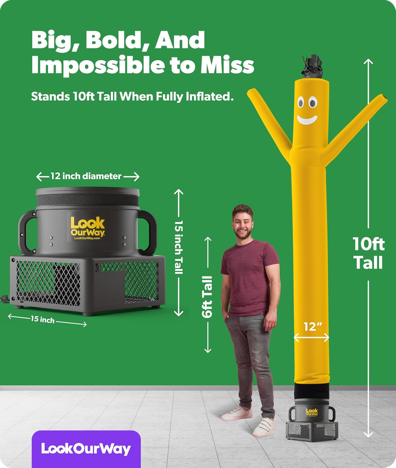 Muñeco inflable tubo 3,05m soplador movimiento loco amarillo