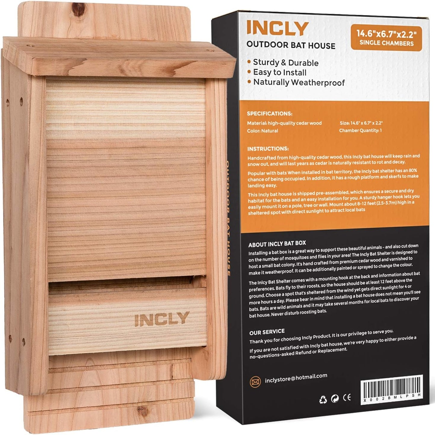 Caja refugio murciélagos 14.6x6.7" madera cedro natural