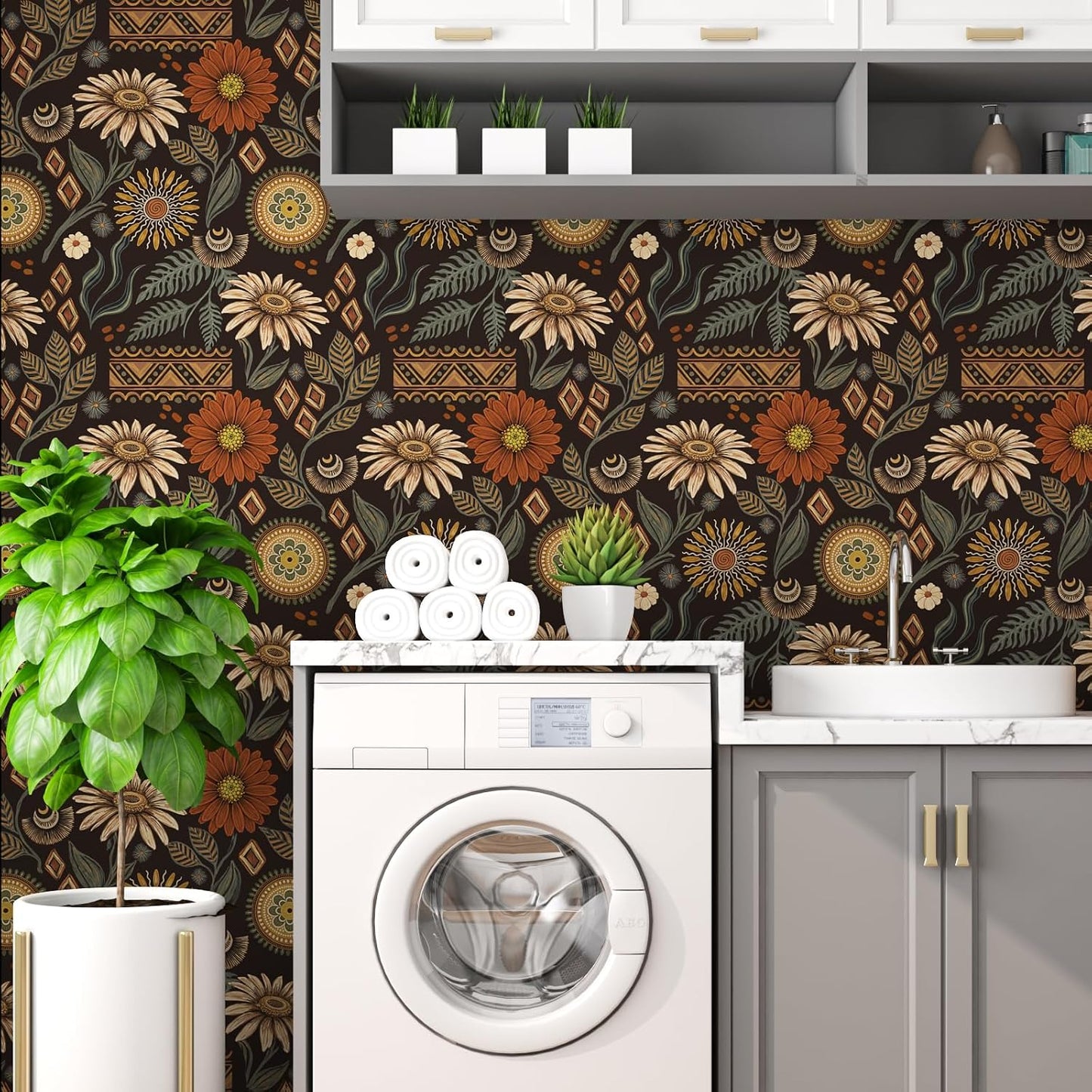 Papel tapiz floral negro oscuro autoadhesivo 17.5x394pulg
