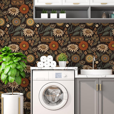 Papel tapiz floral negro oscuro autoadhesivo 17.5x394pulg